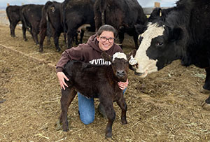 woman with a calf as a cow looks on