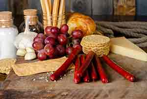 display of food featuring sausages