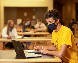 man in a mask using a laptop computer