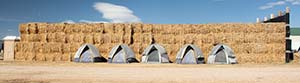 a row of tents in front of hay bales