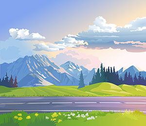 artwork of mountains seen across a highway