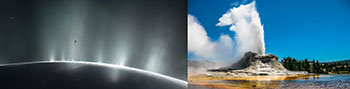 one side show a moon of Saturn, the other a geyser at Yellowstone