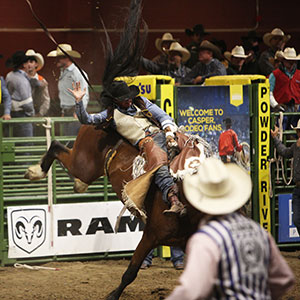 man riding a bucking horse