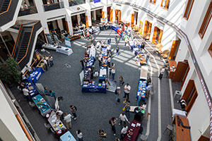 overhead view of people in a large atrium