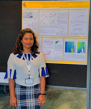 woman standing beside a poster