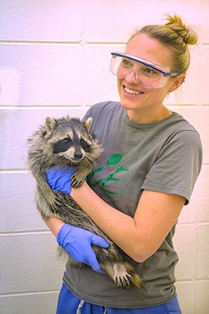 woman holding a raccoon