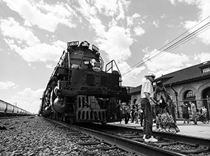 black and white photo of a large steam train engine