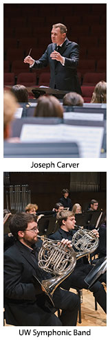 Joseph Carver conducting, top, and French horns in band, bottom