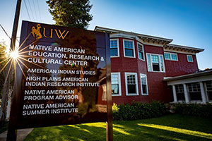 building with a sign in front