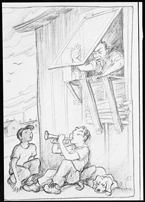 two boys with a trumpet and a man looking angrily out a window