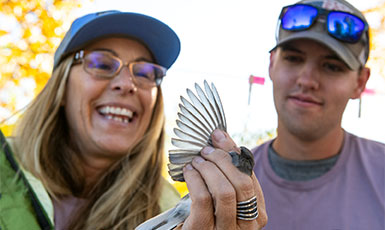 two people looking at bird with extended wing