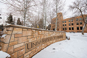 snowy scene with stone sign and buildings