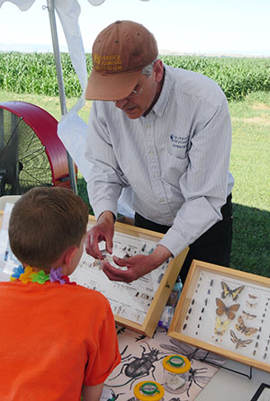 man showing insect collections to child at booth
