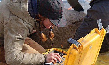 person working with small machine outdoors