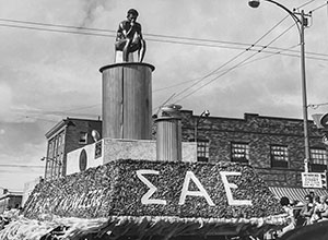 black and white photo of a parade float