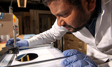 man leaning over lab equipment