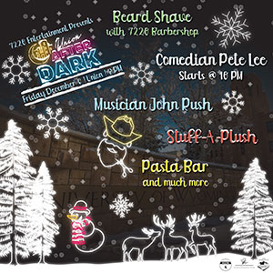 graphic for event with trees and reindeer