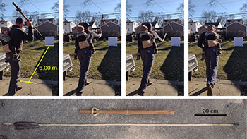 series of photos showing man using an atlatl to throw a spear with a child in a carrier on his back. Lower photo shows spear and atlatl