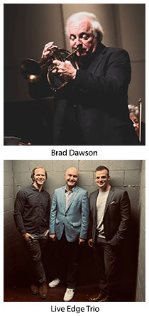 Top photo, Brad Dawson playing trumpet. Bottom photo, Live Edge Trio