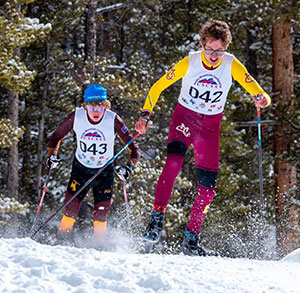two people Nordic skiing