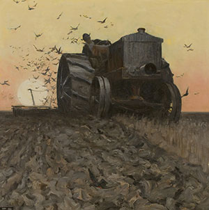 painting of a old-style tractor with birds following it working a field 
