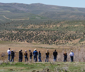 row of people looking out over the hills and sagebrush