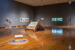 art installation featuring a small camping tent