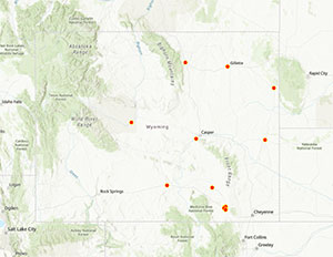map of Wyoming showing places where salamanders were seen