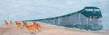 graphic image of pronghorns running away from a train