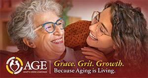an older woman and a younger woman with faces close to each other 
