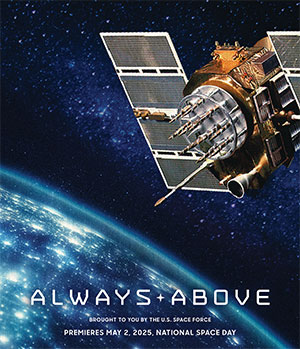 poster showing a satellite above Earth showing lights at night