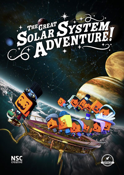 poster with graphic of blocky figures flying through space with planets in the background