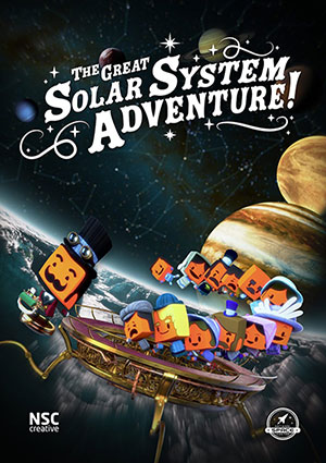 poster with graphic of small blocky figures riding through space with planets in the background