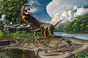 illustration of a t-rex with several other dinosaurs