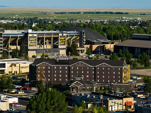 aerial view of Laramie hotel and stadium area