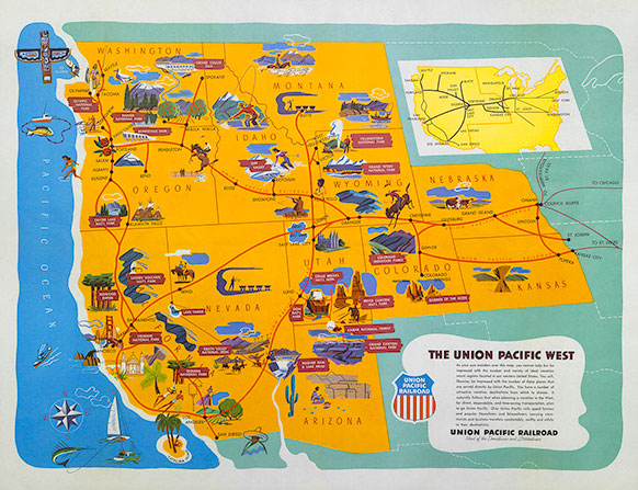 stylized map of the western US with railroads and major stops shown