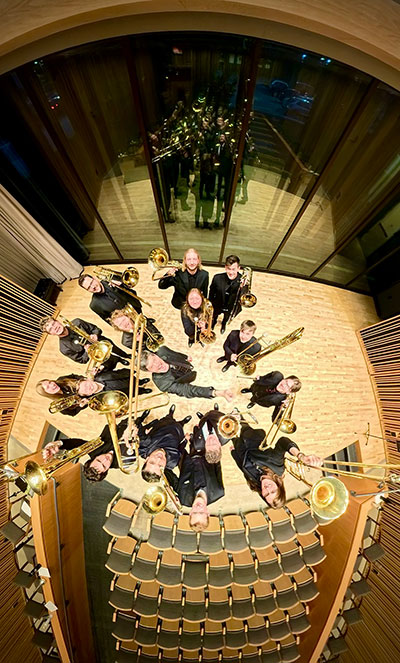 people with trombones as seen from above