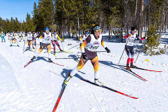 large group of womwn Nordic skiing