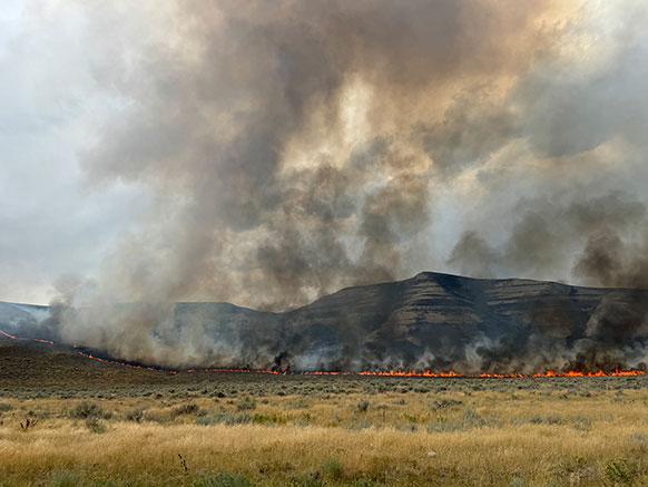 wildfire burning in front of a mountain
