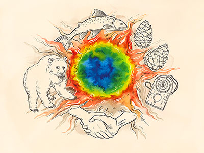 artwork with nature images around a colorful center