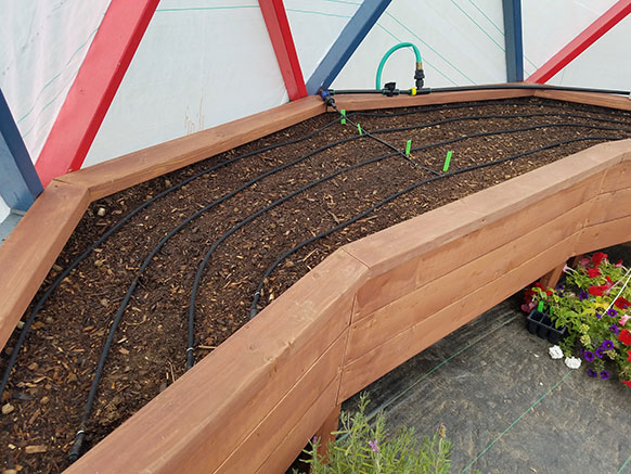 raised garden bed with drip irrigation pipes