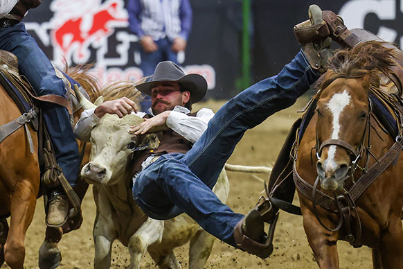man dismounting his horse and grabbing a steer