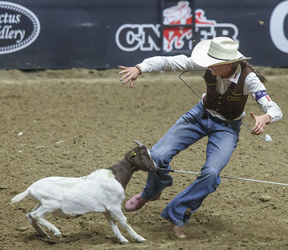 woman running up to a goat