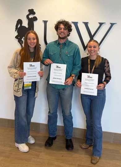 three people holding up awards