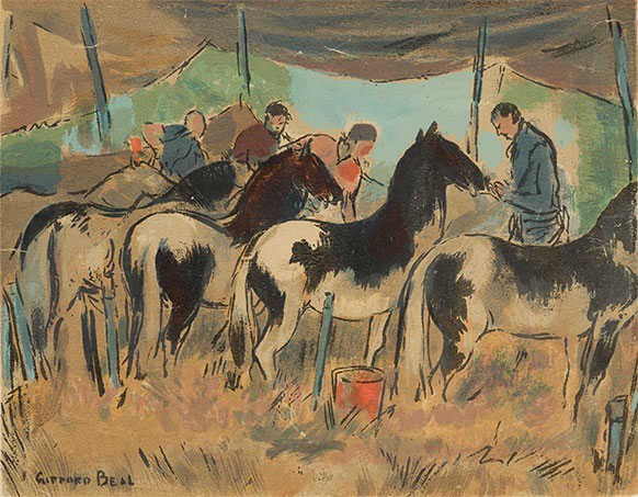 painting of horses and people under a tent
