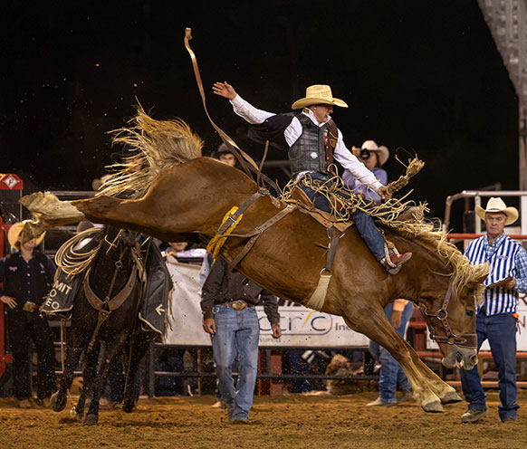 man riding a bucking horse