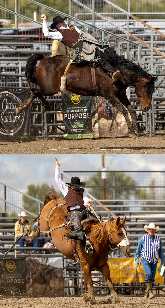 two photos of men riding bucking horses