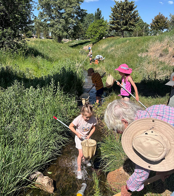 children walking in a shallow stream with nets