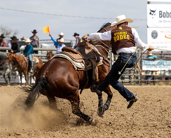 man dismounting a horse skidding to a stop while holding a taut rope