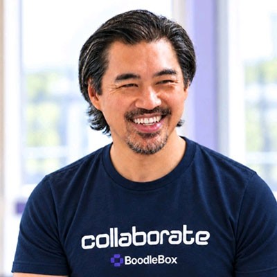 man wearing a Boodlebox t-shirt